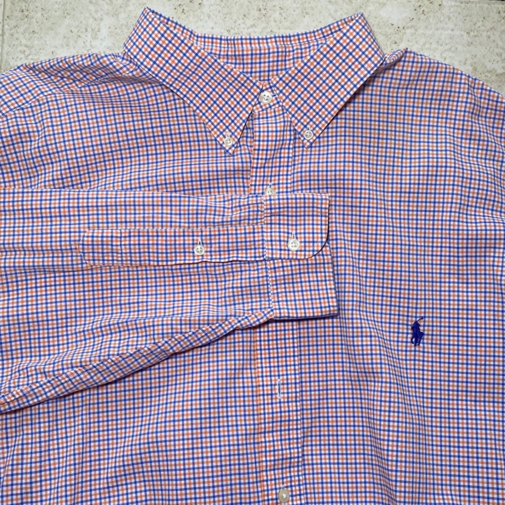 Ralph Lauren Mens 2XLT Tall Gingham Button Down Shirt Orange Blue Check Cotton